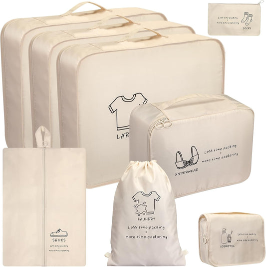 8 Set Travel Packing Organizers, Luggage Organization Bag, Beige