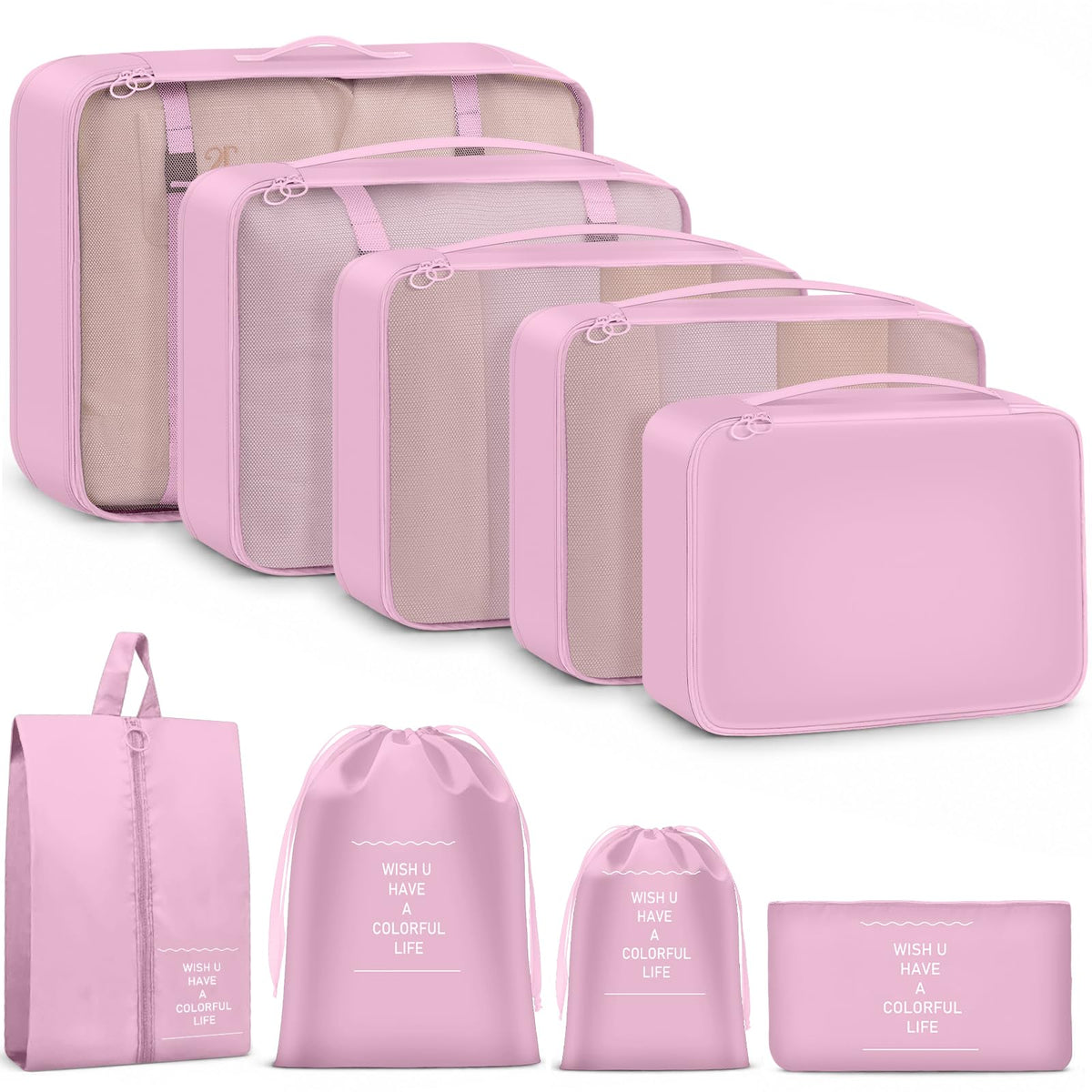 9 Set Packing Cubes for Travel Essentials - Lightweight Carry-On Luggage Organizer Bags with Shoe, Clothes & Laundry Bags for Airplane, Family & Business Travel, Pink leopard print
