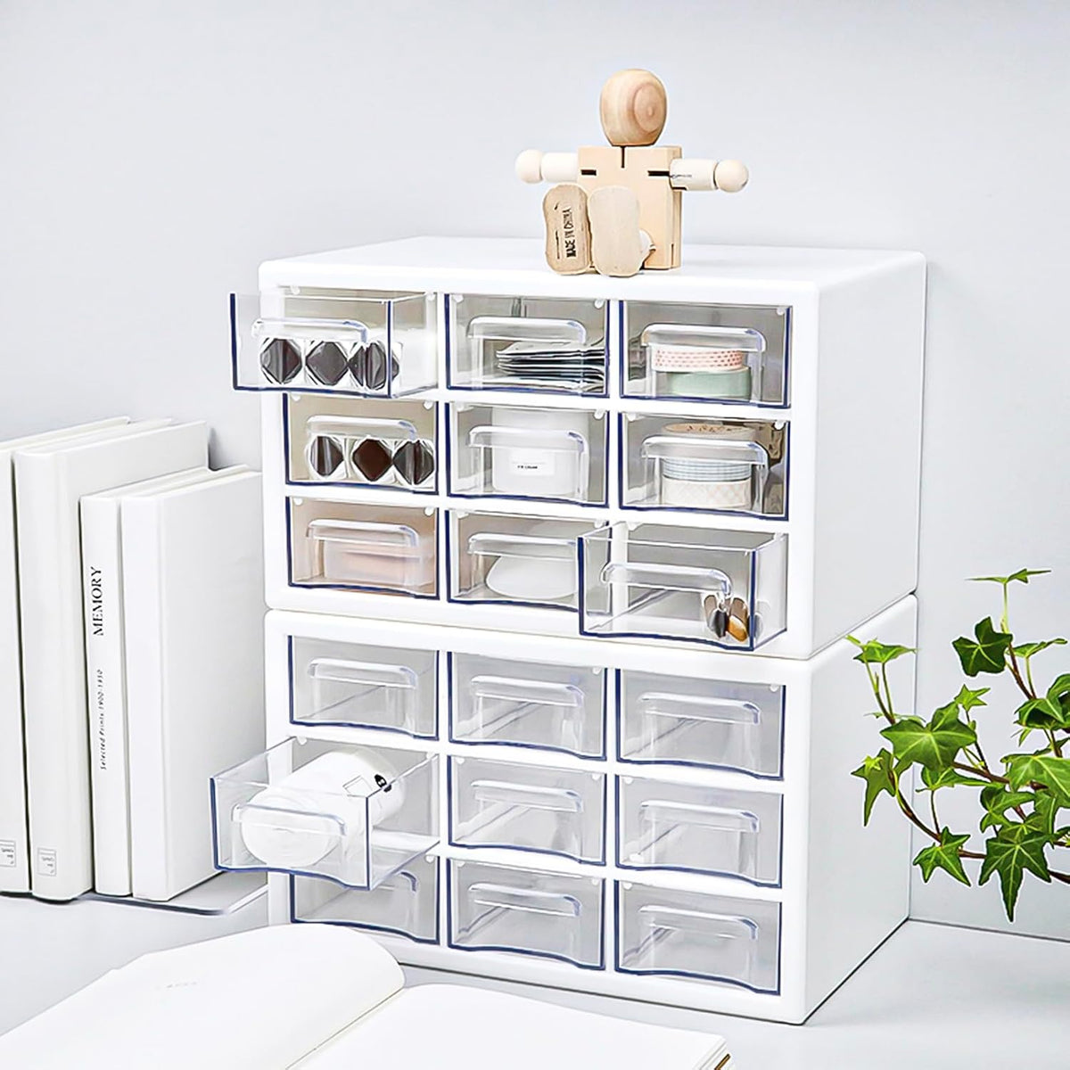 Stackable Desk Organizer with 9 Drawers, Clear Storage Box, White