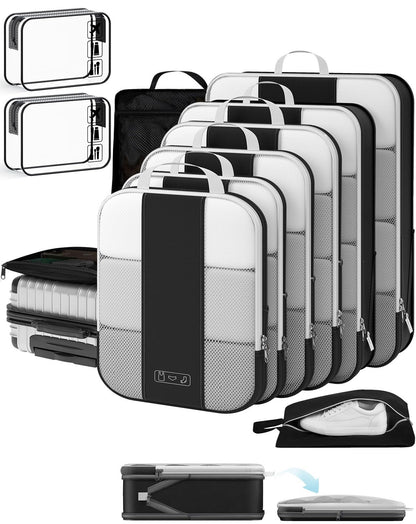 OlarHike 10 Set Compression Packing Cubes for Travel Essentials,Compressible Expandable Space Saver Bags for Organizing Clothes,Luggage Suitcase Garment Bags with Over 1000 pcs Mesh Holes(Black)