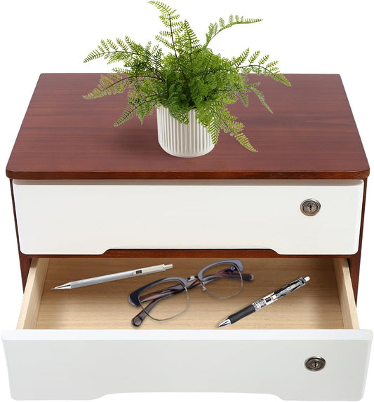 Lockable Desk Organizer Wooden Desktop Drawers Office Flat Files Storage Box Locking Countertop Storage Cabinet (Walnut + White, 2-Tier)
