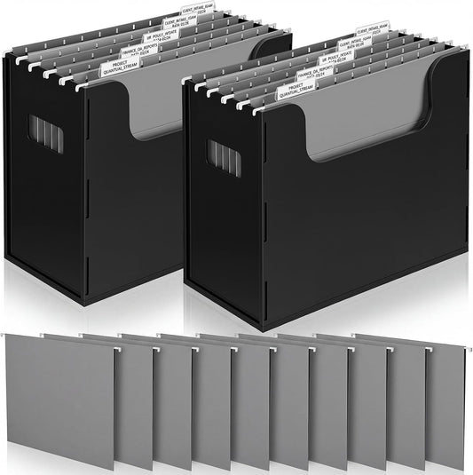 Qeeenar 2 Pcs Hanging File Box with 10 Pcs Gray Hanging File Folders