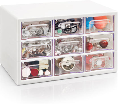 Stackable Desk Organizer with 9 Drawers, Clear Storage Box, White