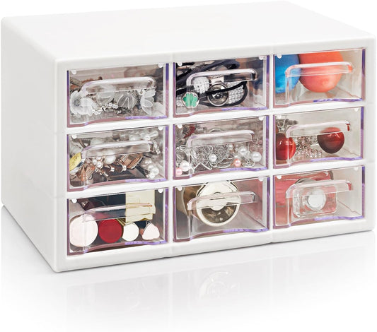 Stackable Desk Organizer with 9 Drawers, Clear Storage Box, White