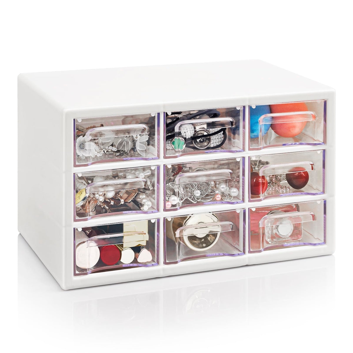 Stackable Desk Organizer with 9 Drawers, Clear Storage Box, White