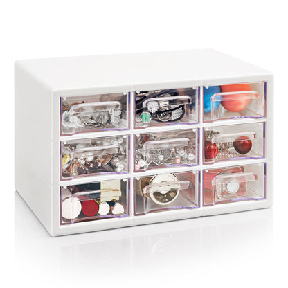 Stackable Desk Organizer with 9 Drawers, Clear Storage Box, White