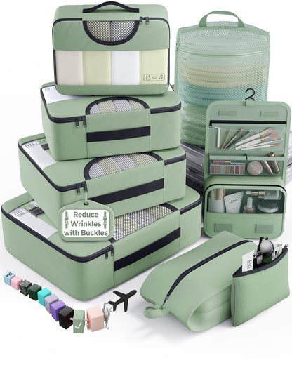 Veken 10 Set/8 Set Packing Cubes for Travel Essentials,Anti-Wrinkle Buckled Suitcase Organizer for Shoe & Toiletry Bag,Carry On Luggage Bag for Airplane & College Dorm Room Accessories,Women Men Gifts