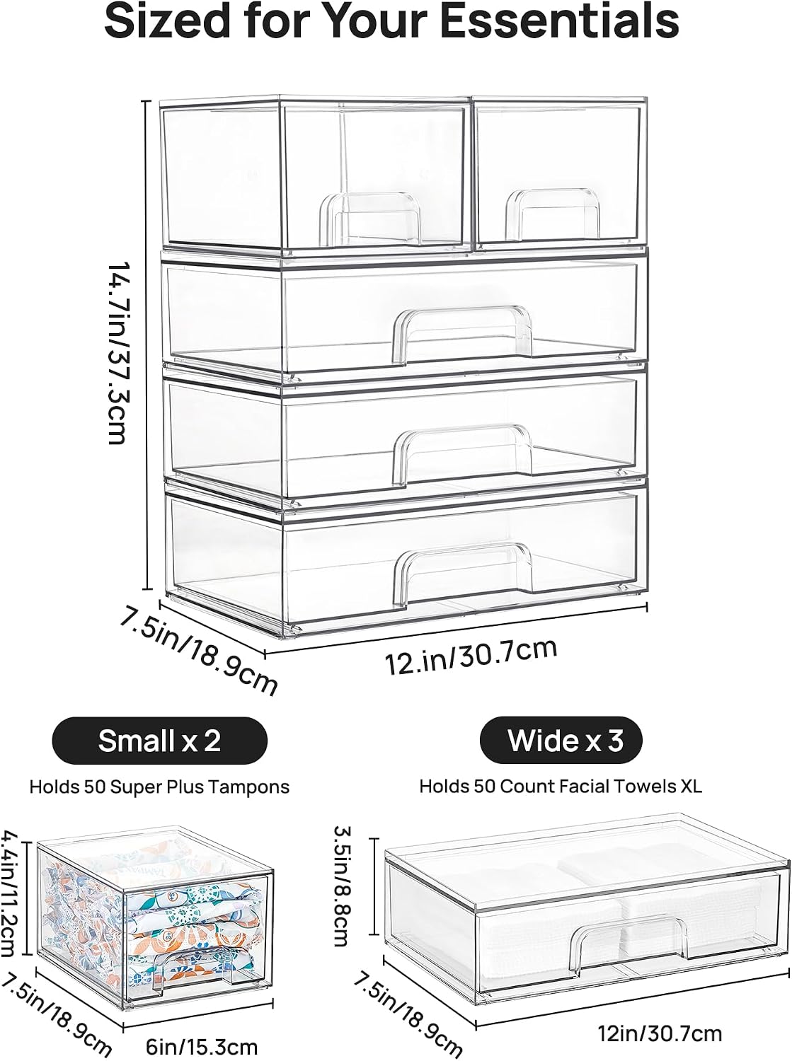 Vtopmart Clear Stackable Storage Drawers Set of 5, Plastic Organizer Bins