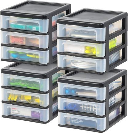 IRIS USA 2-Pack, 3-Drawer Small Plastic Stacking Desktop Organizer, Black