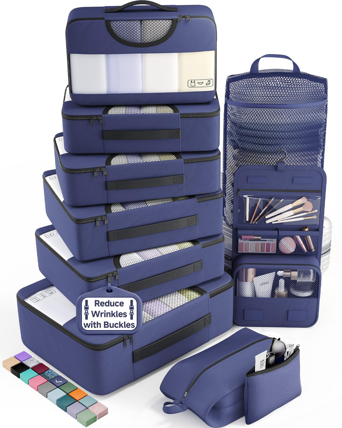 Veken 10 Set/8 Set Packing Cubes for Travel Essentials,Anti-Wrinkle Buckled Suitcase Organizer for Shoe & Toiletry Bag,Carry On Luggage Bag for Airplane & College Dorm Room Accessories,Women Men Gifts