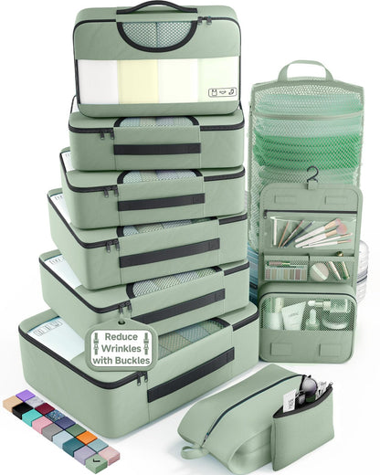 Veken 10 Set/8 Set Packing Cubes for Travel Essentials,Anti-Wrinkle Buckled Suitcase Organizer for Shoe & Toiletry Bag,Carry On Luggage Bag for Airplane & College Dorm Room Accessories,Women Men Gifts