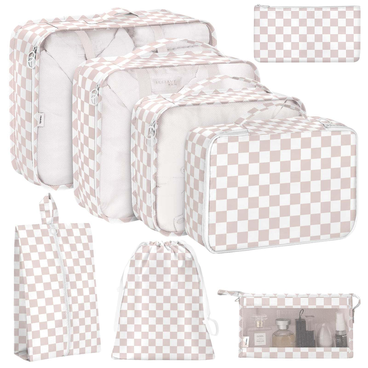 KPX 8 Set Packing Cubes for Travel, Luggage Packing Organizers Accessories Large Toiletries Bag for Clothes Shoes Cosmetics (8Set-Pink Bow)