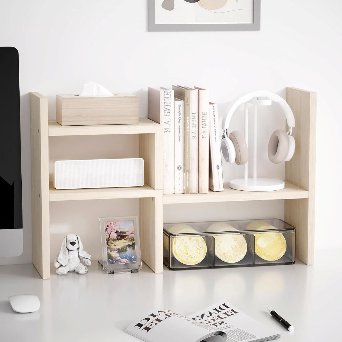Jerry & Maggie Desktop Organizer Office Storage Rack Adjustable Wood Display Shelf, White, 5 Units, 16"L x 15.8"H x 6.8"W