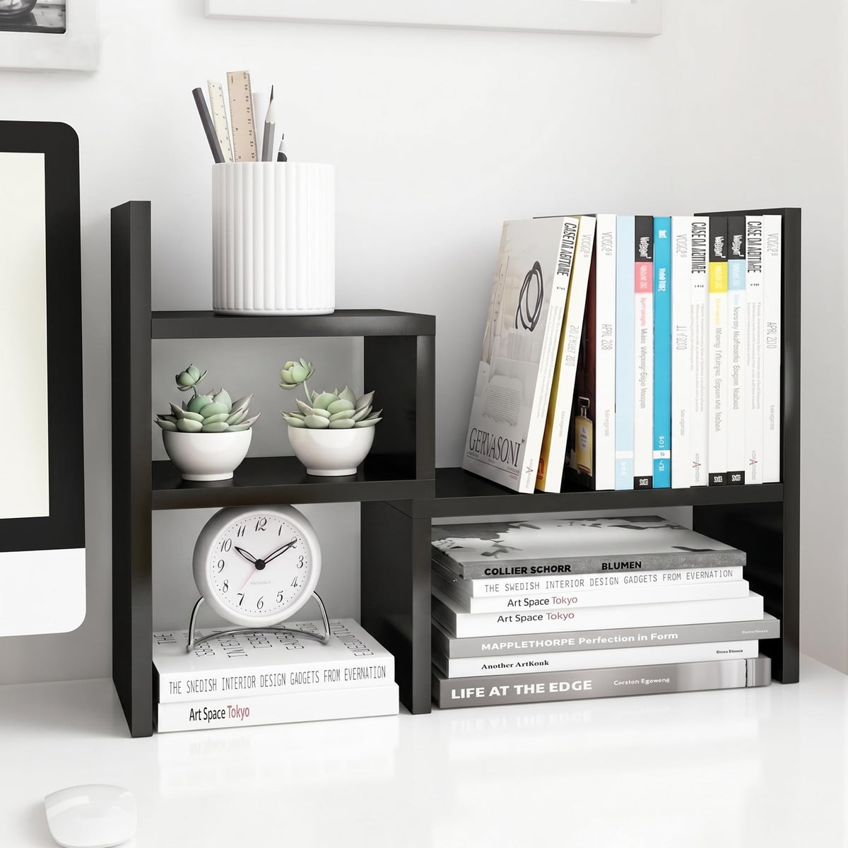 Jerry & Maggie Desktop Organizer Office Storage Rack Adjustable Wood Display Shelf, White, 5 Units, 16"L x 15.8"H x 6.8"W