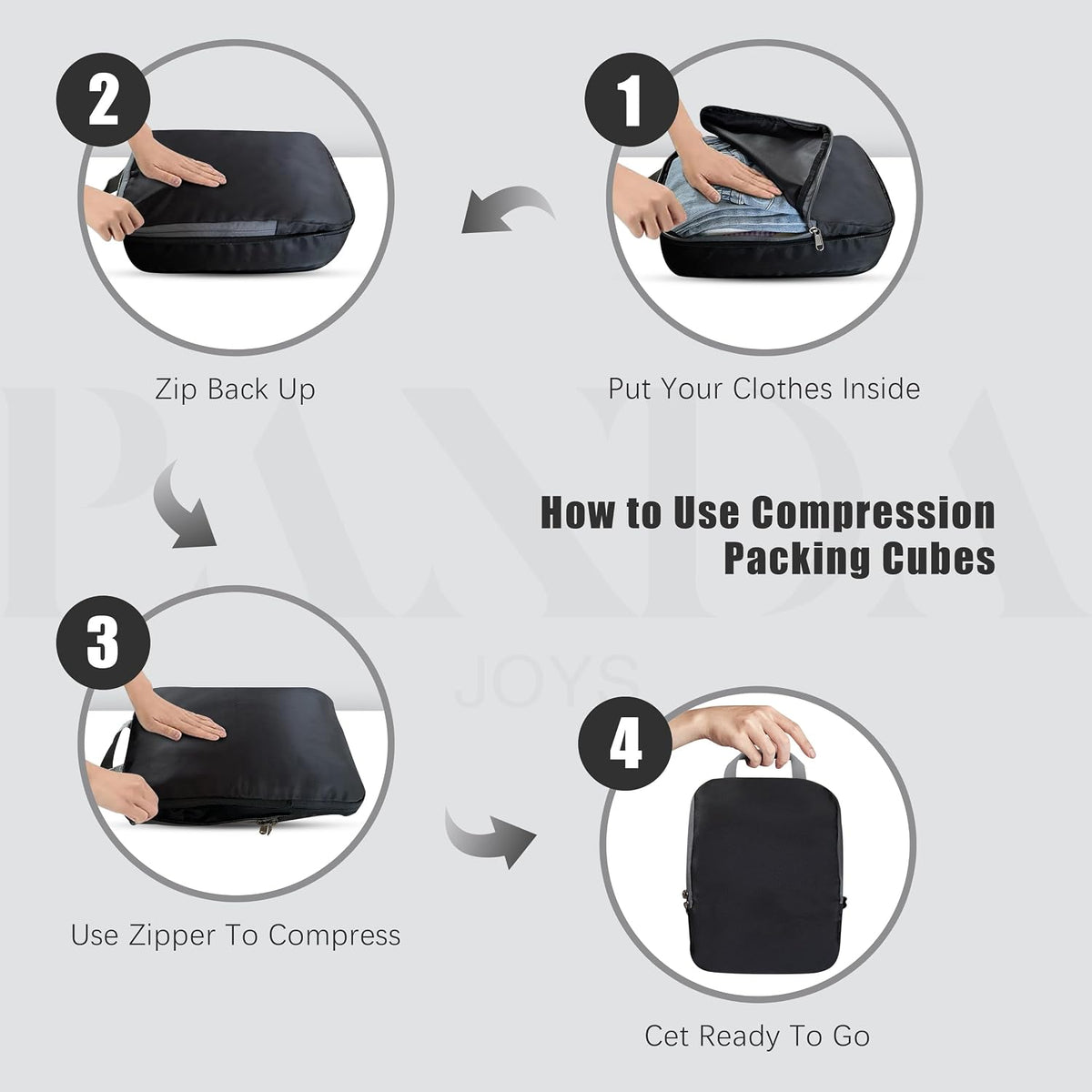 PANDA JOYS 4 Set Compression Packing Cubes Travel - Travel Accessories Expandable Packing Organizers for Carry On - Essentials Luggage Bags - Black