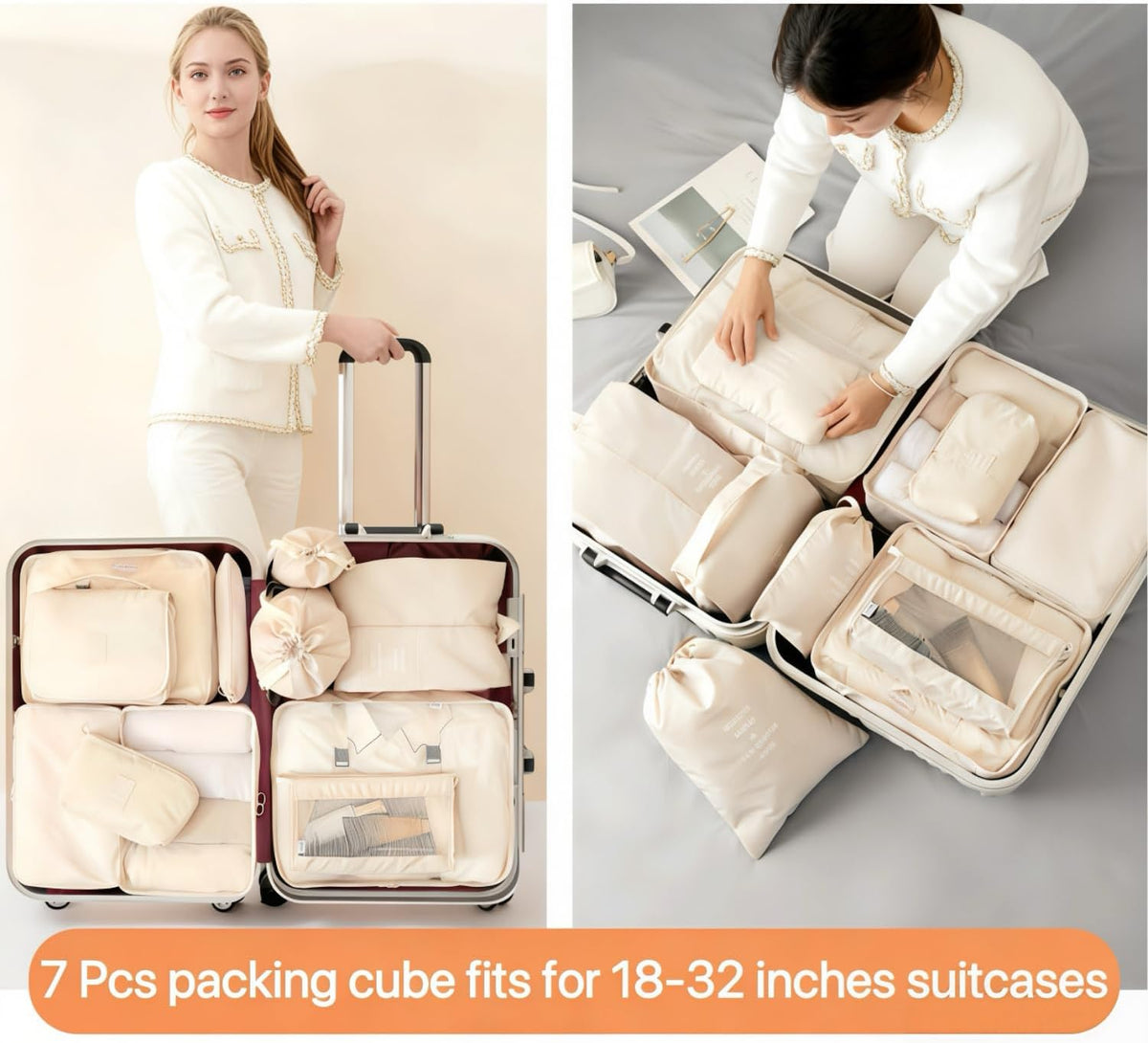 Packing Cubes for Travel - 7 Set Luggage Organizer Bags for Family, Mesh Breathable Travel Packing Cubes for Suitcases Durable Essentials Bags Set with Large Toiletries Bag (Beige)