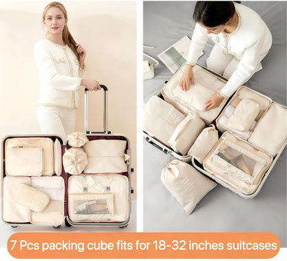 Packing Cubes for Travel - 7 Set Luggage Organizer Bags for Family, Mesh Breathable Travel Packing Cubes for Suitcases Durable Essentials Bags Set with Large Toiletries Bag (Beige)