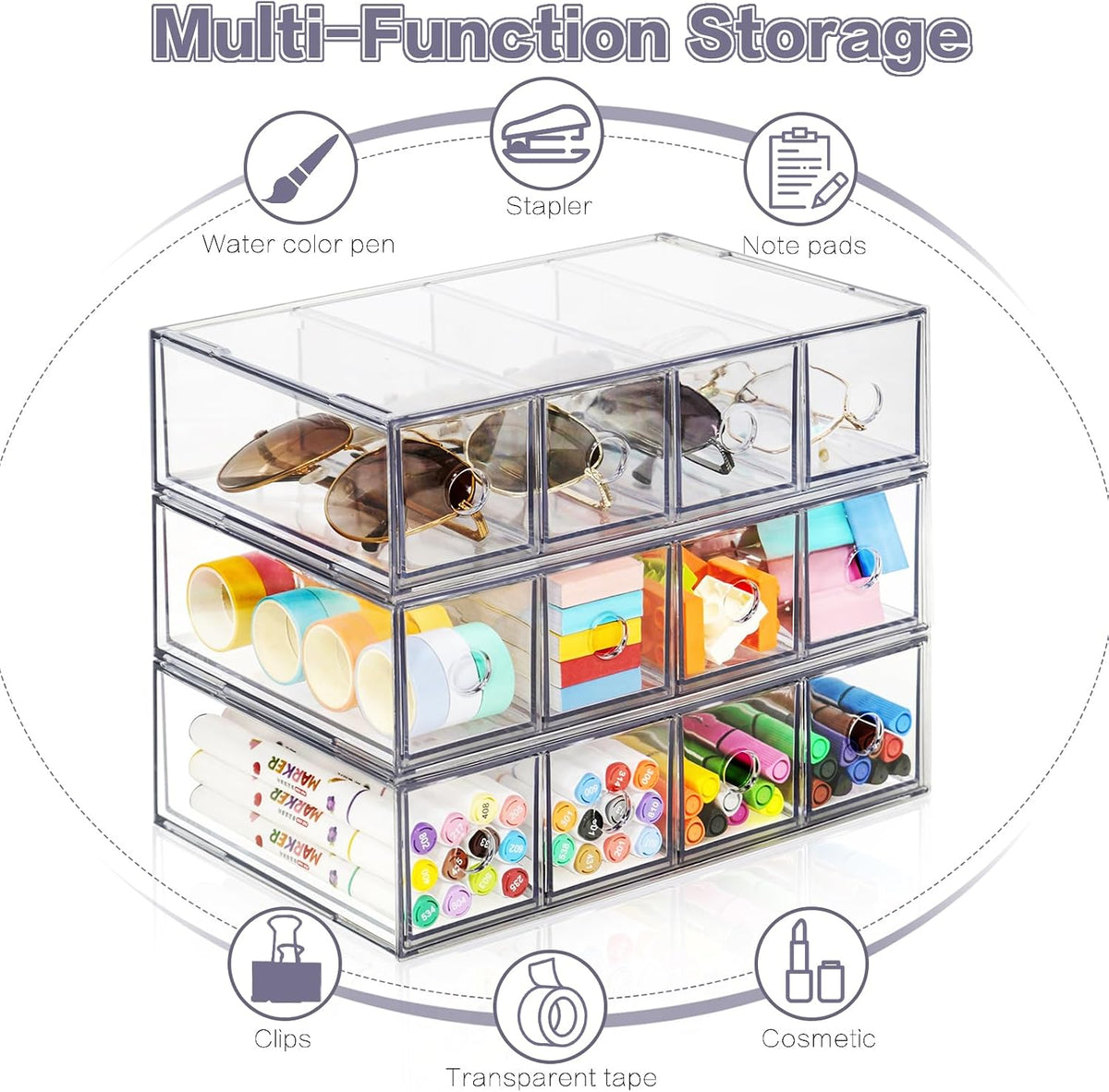 12-Drawer Desk Organizer, 3-Pack Stackable Desktop Storage Box