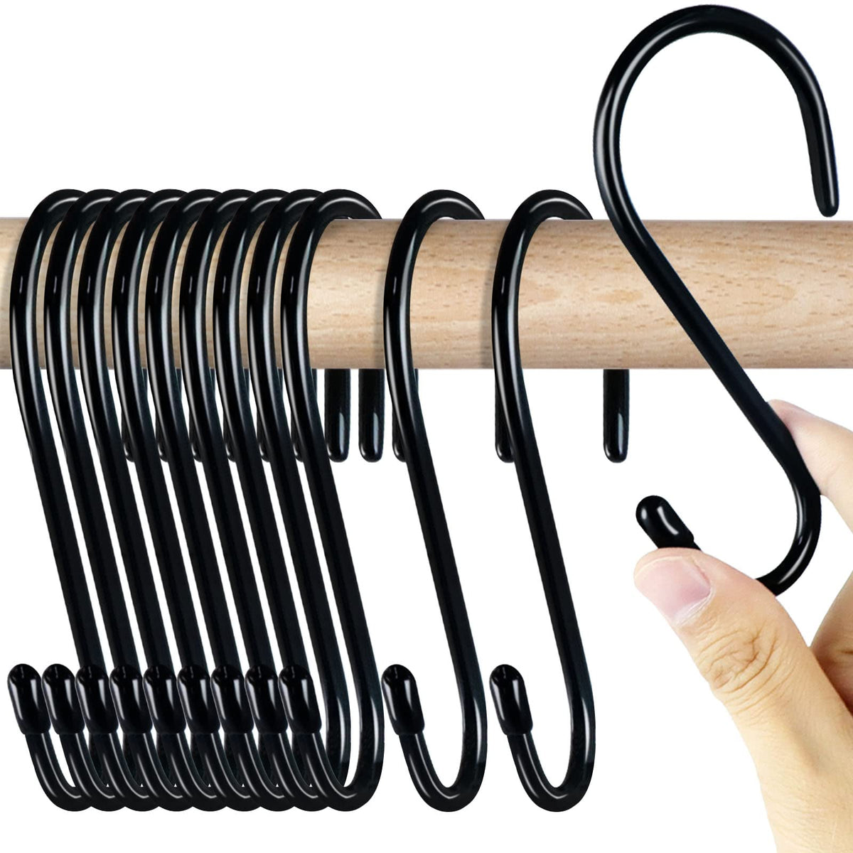 12 Pack 4-1/2 Inch S Hooks, Large Vinyl Coated Closet Hooks Non Slip Heavy Duty for Hanging, Steel Metal Black Rubber Coated for Jeans Plants Clothes Pot Pan Cups Towel