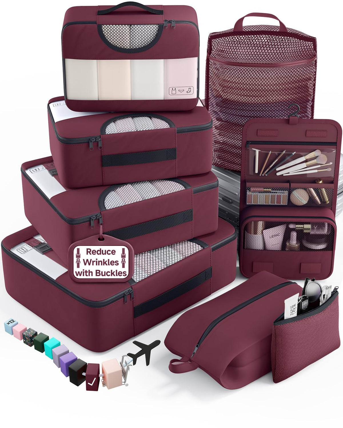 Veken 10 Set/8 Set Packing Cubes for Travel Essentials,Anti-Wrinkle Buckled Suitcase Organizer for Shoe & Toiletry Bag,Carry On Luggage Bag for Airplane & College Dorm Room Accessories,Women Men Gifts