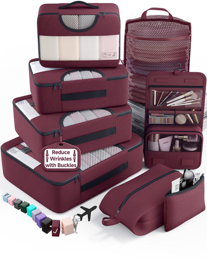 Veken 10 Set/8 Set Packing Cubes for Travel Essentials,Anti-Wrinkle Buckled Suitcase Organizer for Shoe & Toiletry Bag,Carry On Luggage Bag for Airplane & College Dorm Room Accessories,Women Men Gifts