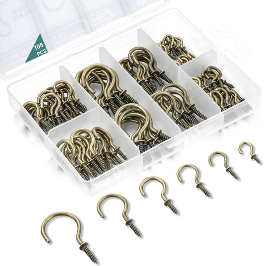 EIENHOSHI 105 Pcs Screw Hooks, 6 Sizes Bronze Cup Hooks, Screw Hooks for Hanging, Metal Cup Hooks Screw in (1/2", 5/8", 3/4", 7/8", 1'', 1-1/4")