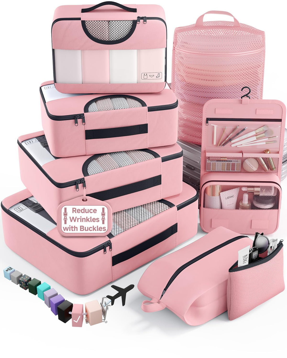 Veken 10 Set/8 Set Packing Cubes for Travel Essentials,Anti-Wrinkle Buckled Suitcase Organizer for Shoe & Toiletry Bag,Carry On Luggage Bag for Airplane & College Dorm Room Accessories,Women Men Gifts