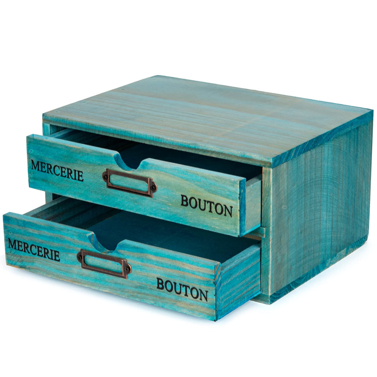 Turquoise Single Drawer Unit - European Country Style Desk Organizer Box - 9.7x7x2.6 Teal Wooden Stackable Drawer - Countertop Organizer Drawer w/Label Holder - Single Monitor Shelf