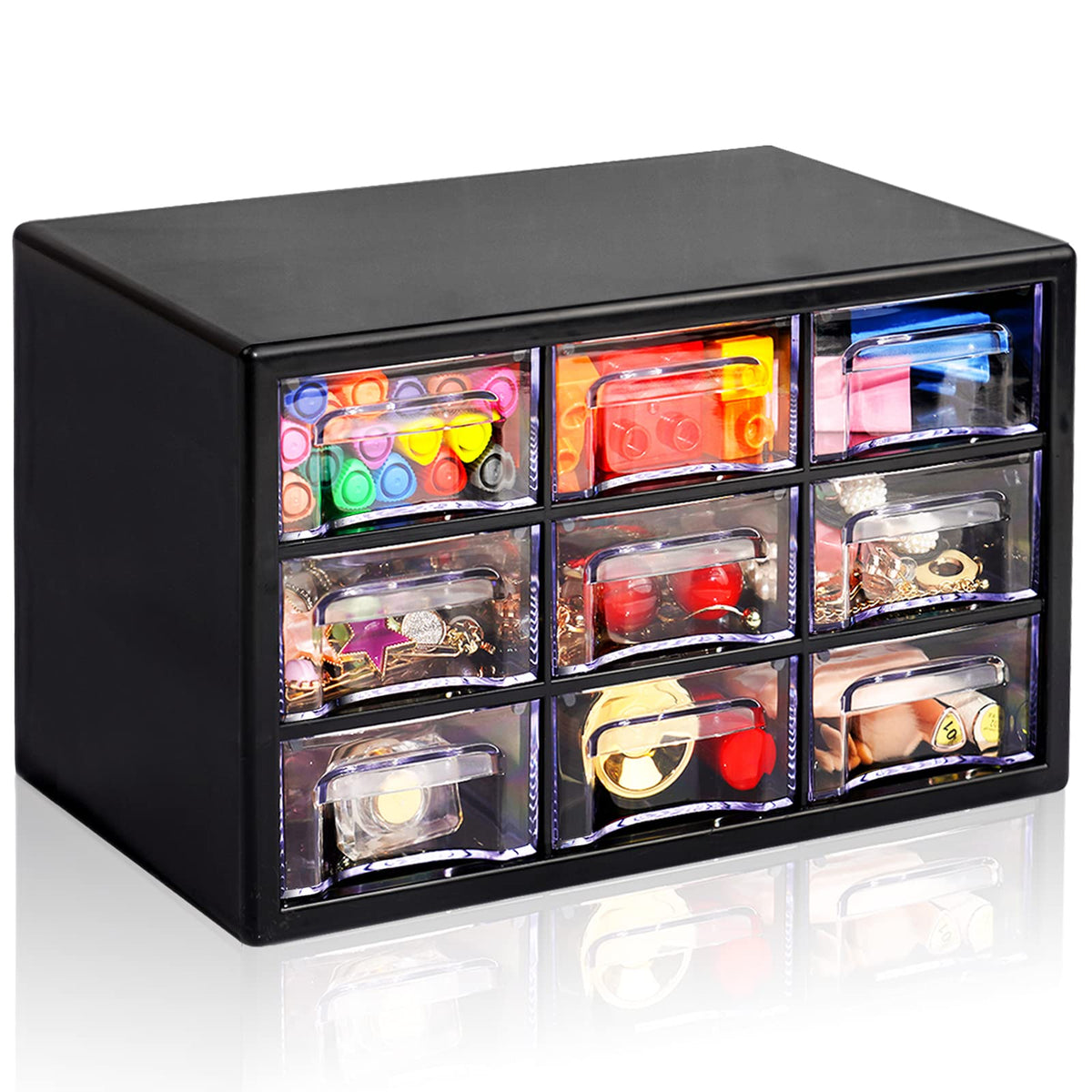 Stackable Desk Organizer with 9 Drawers, Clear Storage Box, White
