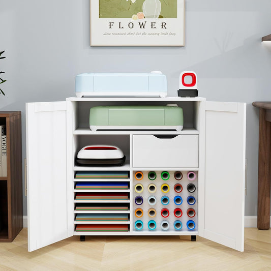 Craft Cart Cabinet Compatible with Cricut for Storage Organization, Rolling Craft Cabinet Table Stand Workstation with Vinyl Roll Holder with Wheels for Craft Room Organizer 31.6"W x 15.8"D x 33.7"H