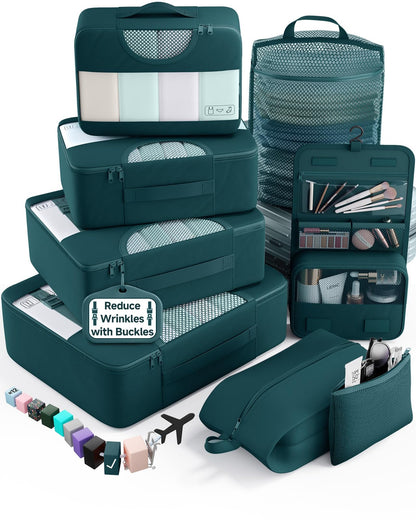 Veken 10 Set/8 Set Packing Cubes for Travel Essentials,Anti-Wrinkle Buckled Suitcase Organizer for Shoe & Toiletry Bag,Carry On Luggage Bag for Airplane & College Dorm Room Accessories,Women Men Gifts