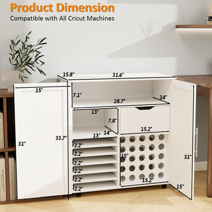 Craft Cart Cabinet Compatible with Cricut for Storage Organization, Rolling Craft Cabinet Table Stand Workstation with Vinyl Roll Holder with Wheels for Craft Room Organizer 31.6"W x 15.8"D x 33.7"H