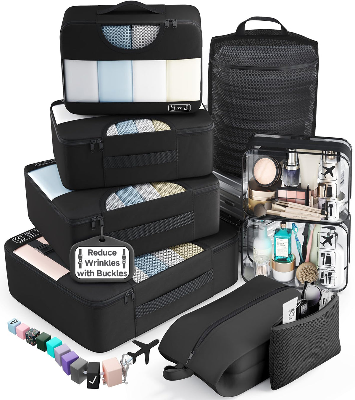 Veken 10 Set/8 Set Packing Cubes for Travel Essentials,Anti-Wrinkle Buckled Suitcase Organizer for Shoe & Toiletry Bag,Carry On Luggage Bag for Airplane & College Dorm Room Accessories,Women Men Gifts
