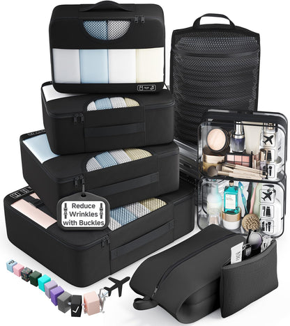 Veken 10 Set/8 Set Packing Cubes for Travel Essentials,Anti-Wrinkle Buckled Suitcase Organizer for Shoe & Toiletry Bag,Carry On Luggage Bag for Airplane & College Dorm Room Accessories,Women Men Gifts