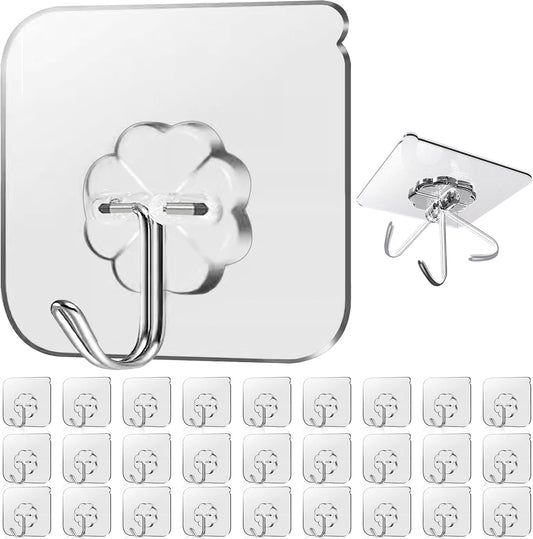 28 Pack Sticky Hooks for Hanging Heavy Duty, Wall Hooks Adhesive, Clear self Adhesive Hooks for Wall, Kitchen, Bathroom, Shower & Ceiling