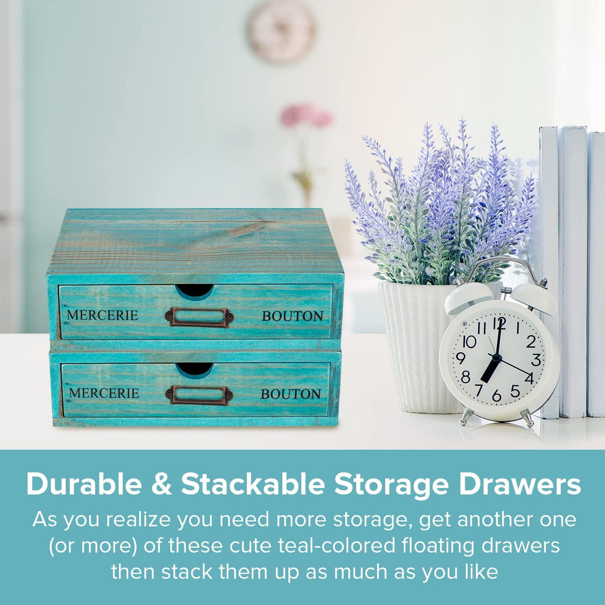 Turquoise Single Drawer Unit - European Country Style Desk Organizer Box - 9.7x7x2.6 Teal Wooden Stackable Drawer - Countertop Organizer Drawer w/Label Holder - Single Monitor Shelf