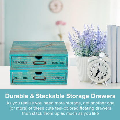 Turquoise Single Drawer Unit - European Country Style Desk Organizer Box - 9.7x7x2.6 Teal Wooden Stackable Drawer - Countertop Organizer Drawer w/Label Holder - Single Monitor Shelf