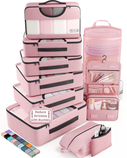 Veken 10 Set/8 Set Packing Cubes for Travel Essentials,Anti-Wrinkle Buckled Suitcase Organizer for Shoe & Toiletry Bag,Carry On Luggage Bag for Airplane & College Dorm Room Accessories,Women Men Gifts