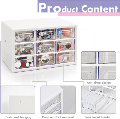 Stackable Desk Organizer with 9 Drawers, Clear Storage Box, White