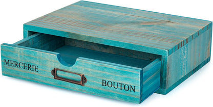 Turquoise Single Drawer Unit - European Country Style Desk Organizer Box - 9.7x7x2.6 Teal Wooden Stackable Drawer - Countertop Organizer Drawer w/Label Holder - Single Monitor Shelf