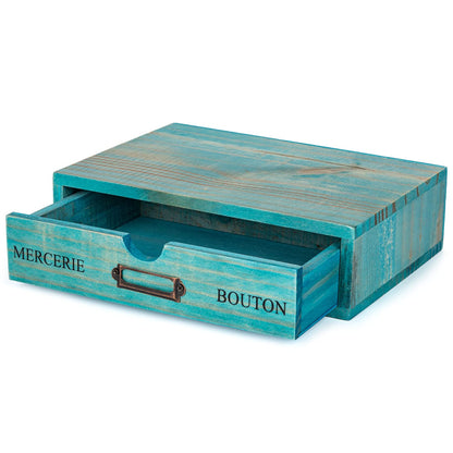 Turquoise Single Drawer Unit - European Country Style Desk Organizer Box - 9.7x7x2.6 Teal Wooden Stackable Drawer - Countertop Organizer Drawer w/Label Holder - Single Monitor Shelf