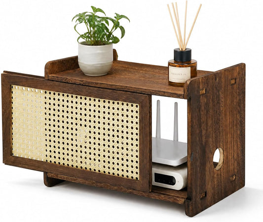 Router Box Hider,Wifi Router Storage Cabinet with Woven Rattan Sliding Door