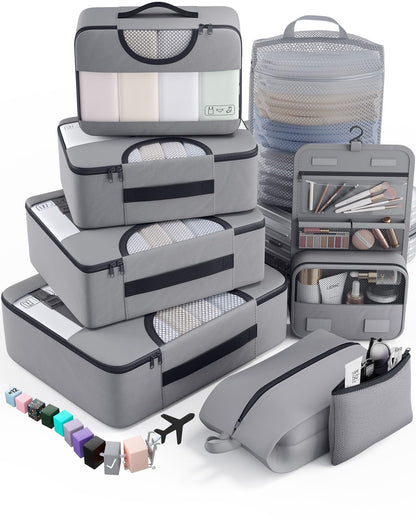 Veken 10 Set/8 Set Packing Cubes for Travel Essentials,Anti-Wrinkle Buckled Suitcase Organizer for Shoe & Toiletry Bag,Carry On Luggage Bag for Airplane & College Dorm Room Accessories,Women Men Gifts