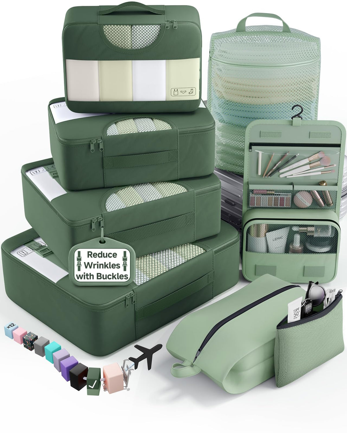 Veken 10 Set/8 Set Packing Cubes for Travel Essentials,Anti-Wrinkle Buckled Suitcase Organizer for Shoe & Toiletry Bag,Carry On Luggage Bag for Airplane & College Dorm Room Accessories,Women Men Gifts