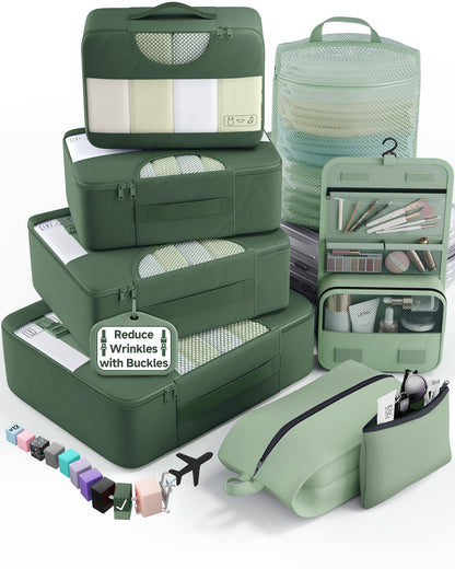Veken 10 Set/8 Set Packing Cubes for Travel Essentials,Anti-Wrinkle Buckled Suitcase Organizer for Shoe & Toiletry Bag,Carry On Luggage Bag for Airplane & College Dorm Room Accessories,Women Men Gifts