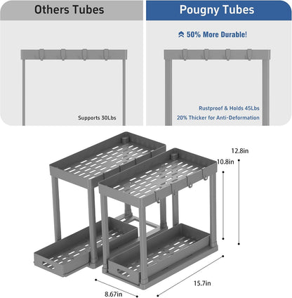 2PC Under Sink Organizer Rack 2 Tier Under Sliding Cabinet Basket Organizer Drawer with 4 Hooks, Multi-purpose Under Sink Storage for Bathroom Kitchen Desktop（Grey）