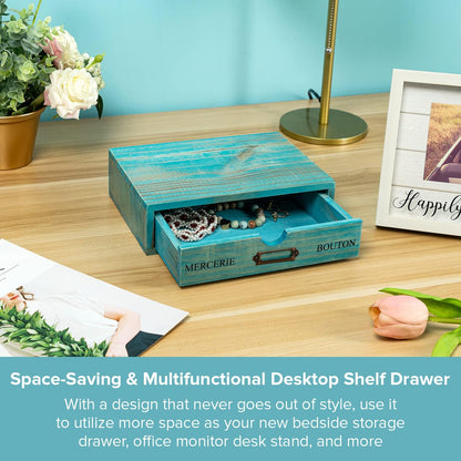 Turquoise Single Drawer Unit - European Country Style Desk Organizer Box - 9.7x7x2.6 Teal Wooden Stackable Drawer - Countertop Organizer Drawer w/Label Holder - Single Monitor Shelf