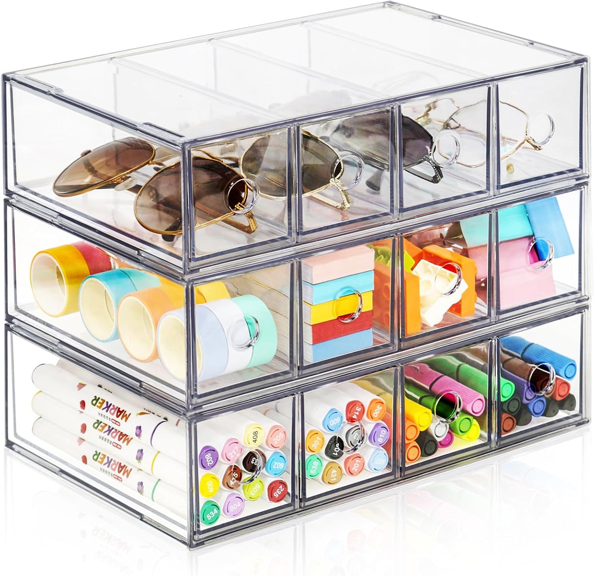 12-Drawer Desk Organizer, 3-Pack Stackable Desktop Storage Box