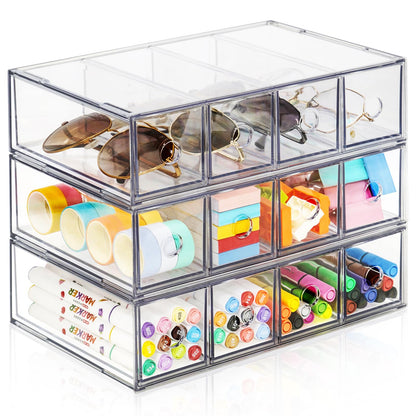 12-Drawer Desk Organizer, 3-Pack Stackable Desktop Storage Box