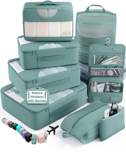 Veken 10 Set/8 Set Packing Cubes for Travel Essentials,Anti-Wrinkle Buckled Suitcase Organizer for Shoe & Toiletry Bag,Carry On Luggage Bag for Airplane & College Dorm Room Accessories,Women Men Gifts